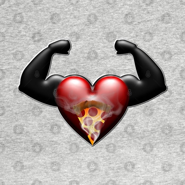 muscle flexing heart with steaming pizza slice by DrewskiDesignz